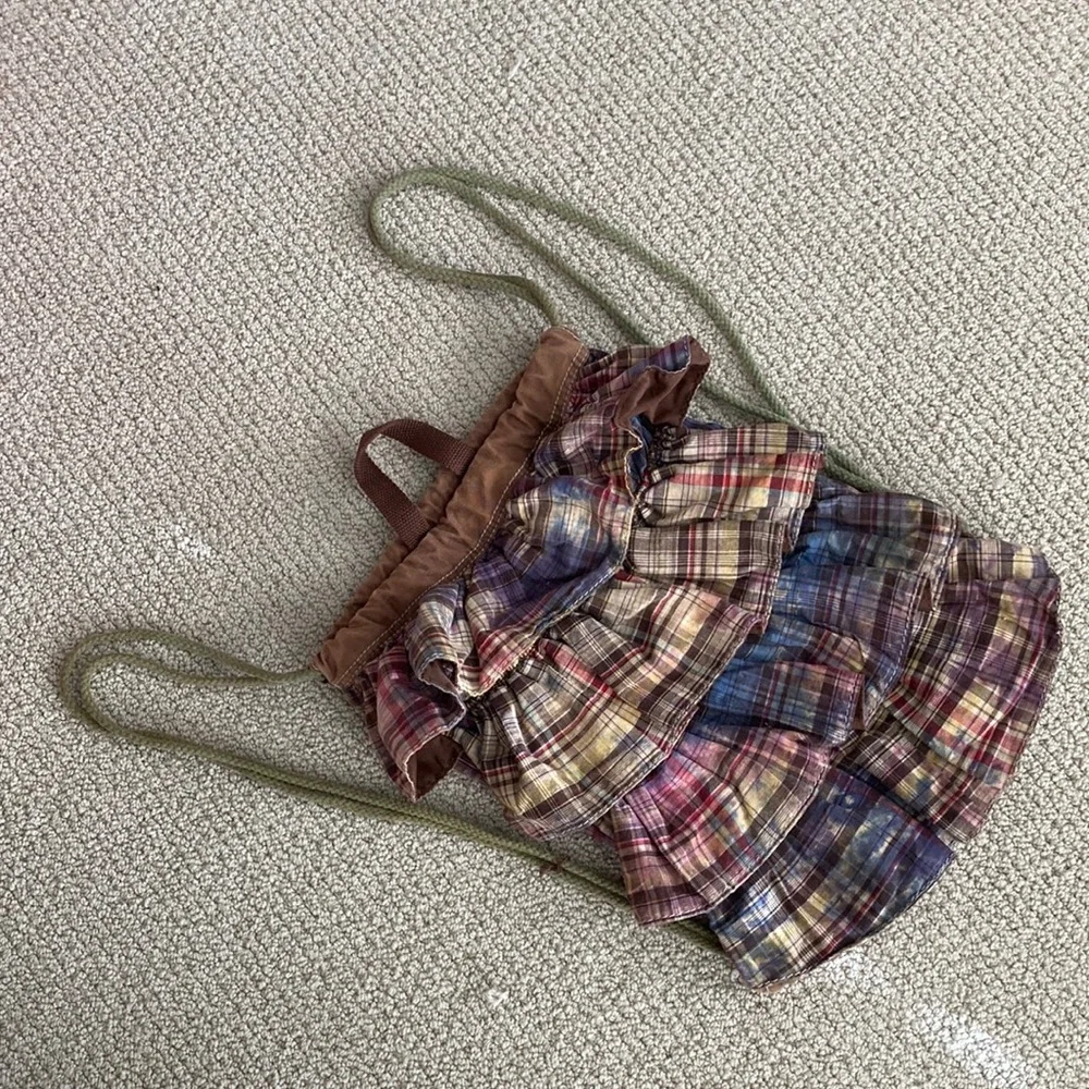 Ruffled Drawstring Bag Backpack Plaid Brown Frills Y2K Casual Lizzie McGuire